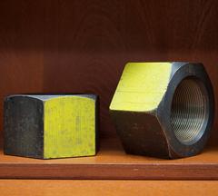 Massive Yellow Enameled Industrial Bill Curry Style Iron Nuts Bookends