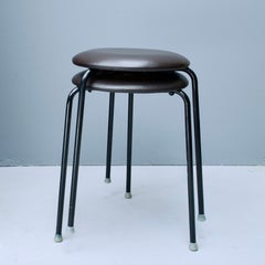 Brown Leather Upholstered Danish Stools Vintage Scandinavian Design