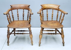 Antique Victorian Hardwood Smoker's Bow Captains Chairs, Pair