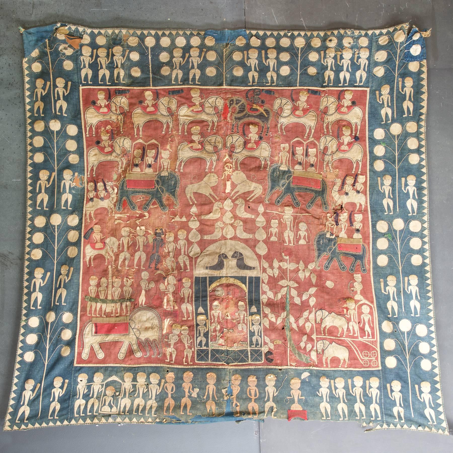 Folk Art Indigo African Asian Bohemian Embroidery Tapestry Elephants Horses Kings For Sale