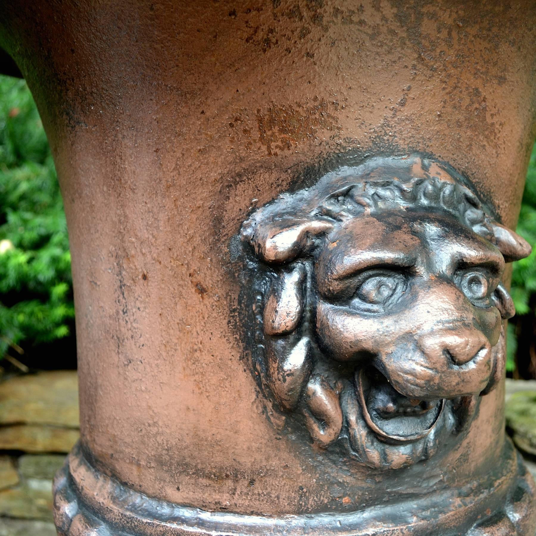 Cast 1810s St.Pauls Estate Hedge Maze Entryway Urns with Lions Heads For Sale