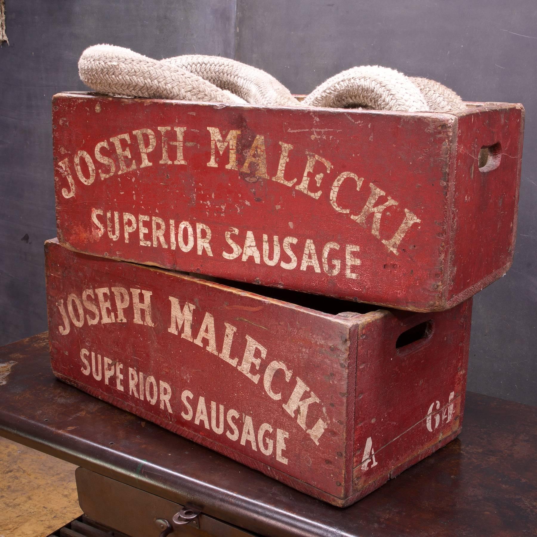 Rare 1920s red and white hand-painted wooden Abattoirs' Sausage transport crates or boxes. Very good vintage condition. From Old Abattoir, Malecki's Meat Company of Buffalo New York.