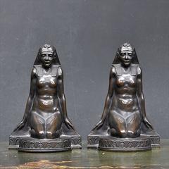 Old Egyptian Revival Bronze Hand Maiden Bookends Sculptures