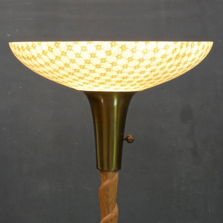 American Art Deco Fiberglass and Twisted Cerused Oak Brass Torchiere Floor Lamp For Sale