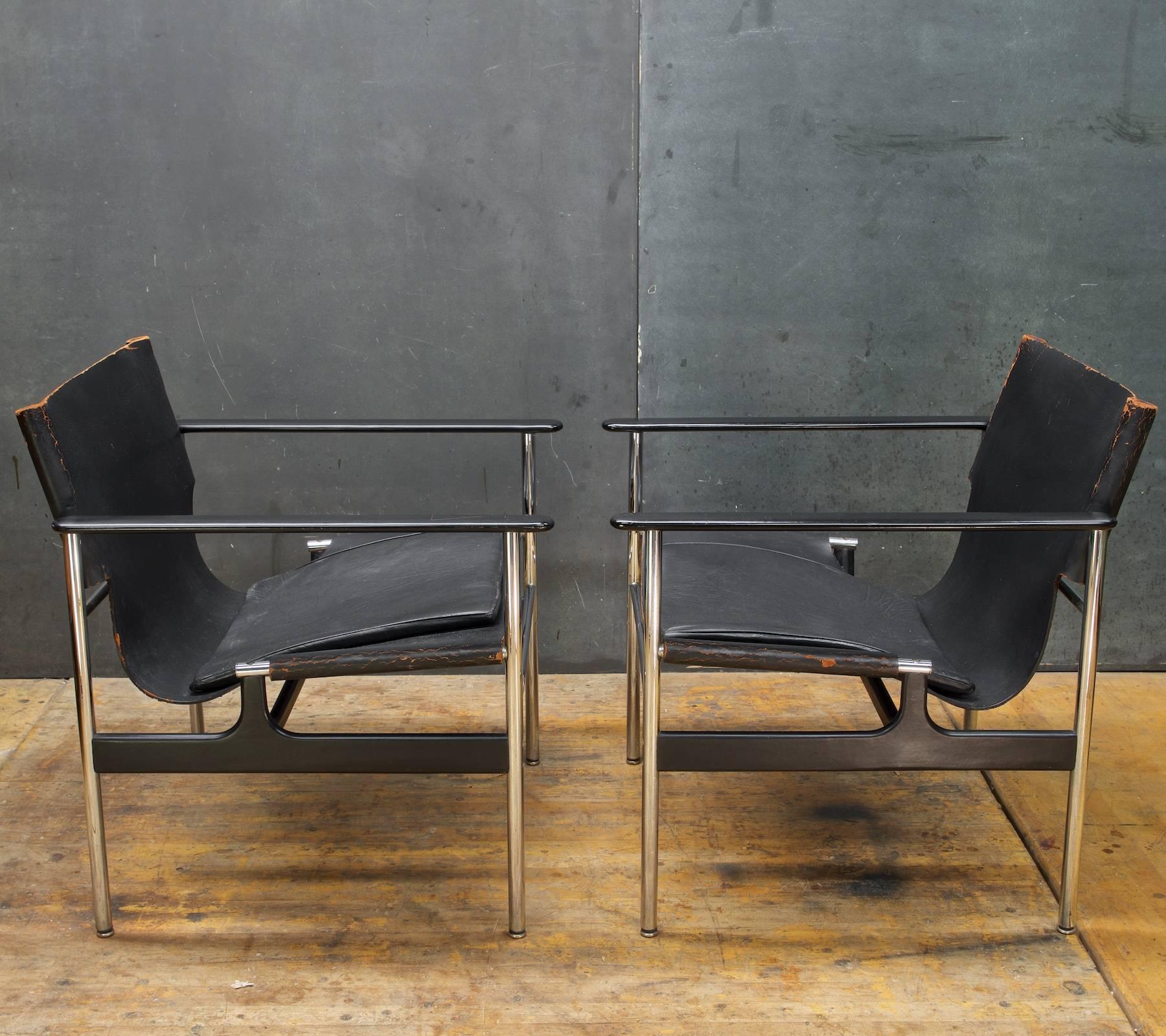 Mid-Century Modern Pair of Black Leather Chrome Sling Chairs by Charles Pollack Knoll Associates