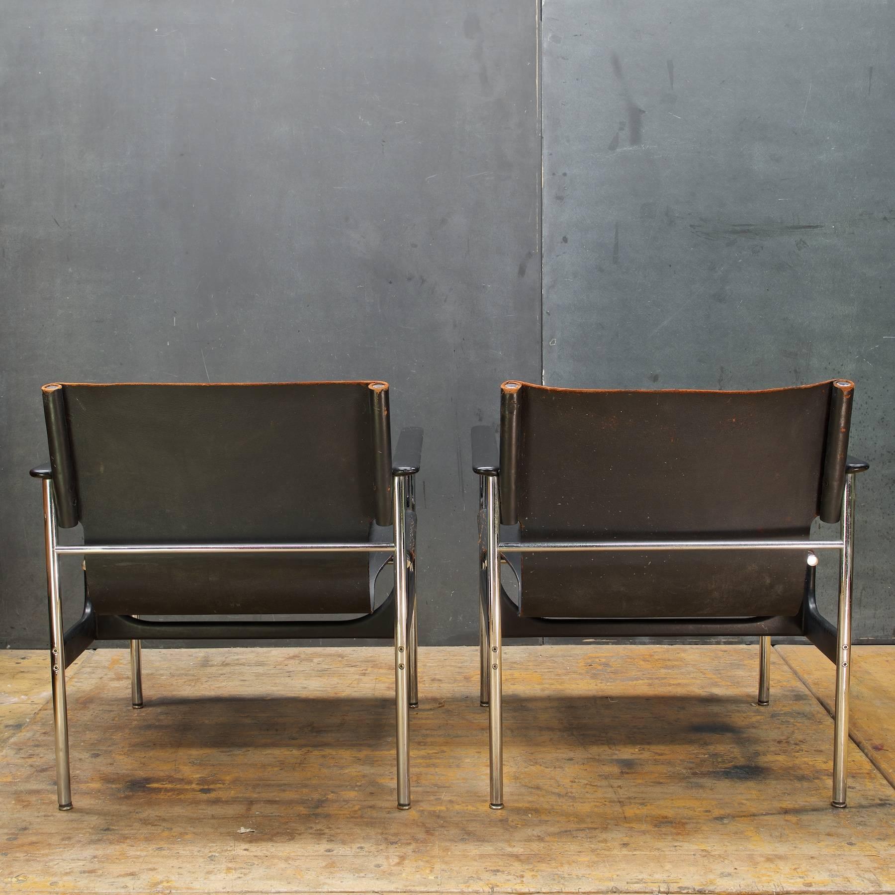 American Pair of Black Leather Chrome Sling Chairs by Charles Pollack Knoll Associates