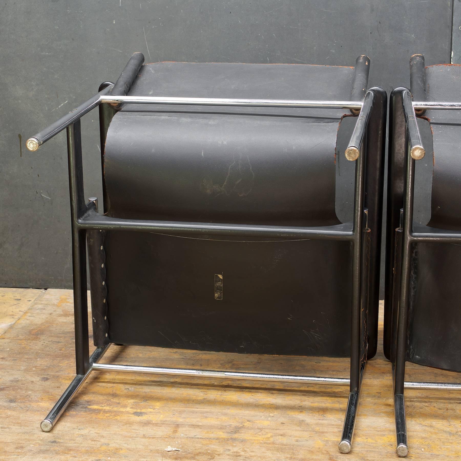 Mid-20th Century Pair of Black Leather Chrome Sling Chairs by Charles Pollack Knoll Associates