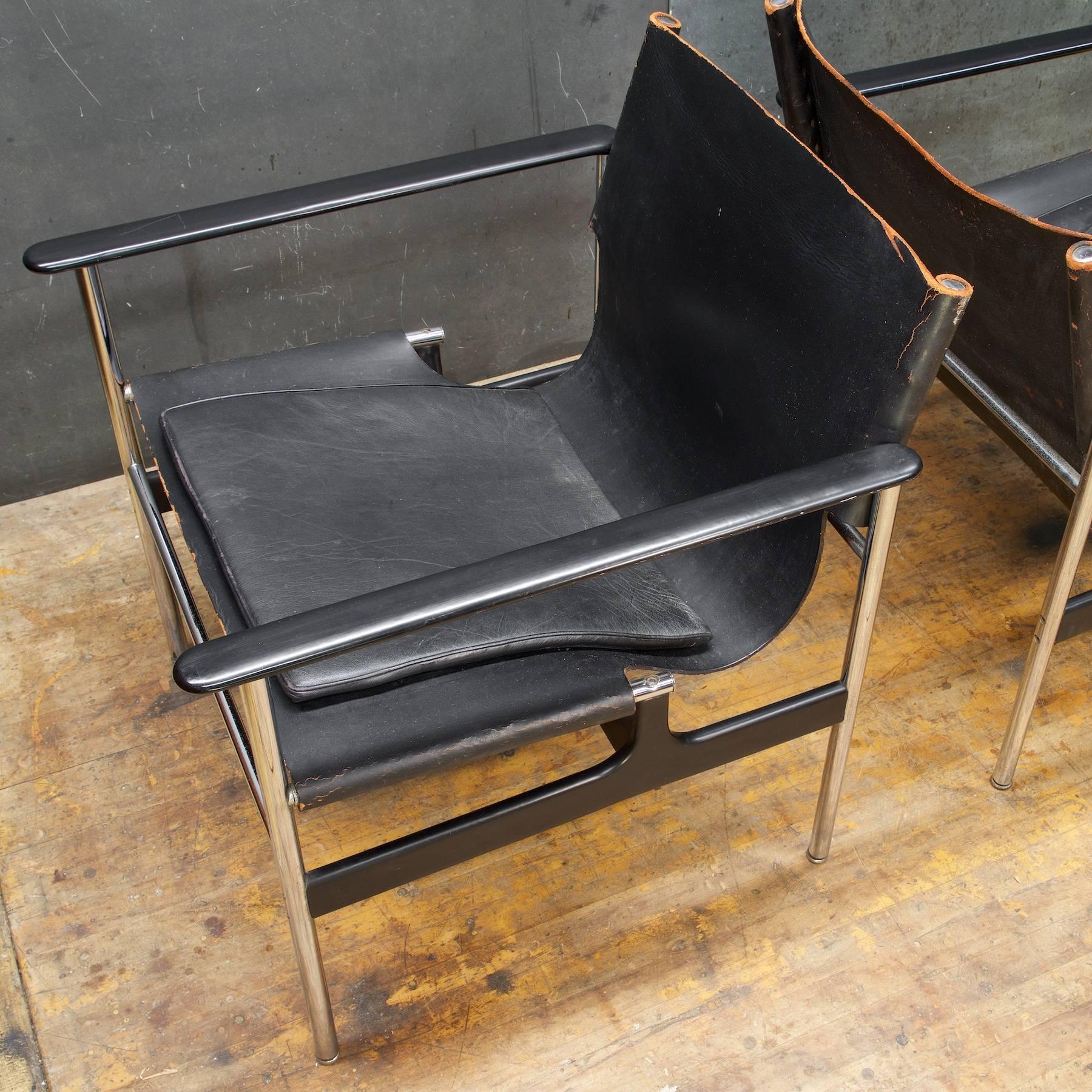 Polished Pair of Black Leather Chrome Sling Chairs by Charles Pollack Knoll Associates