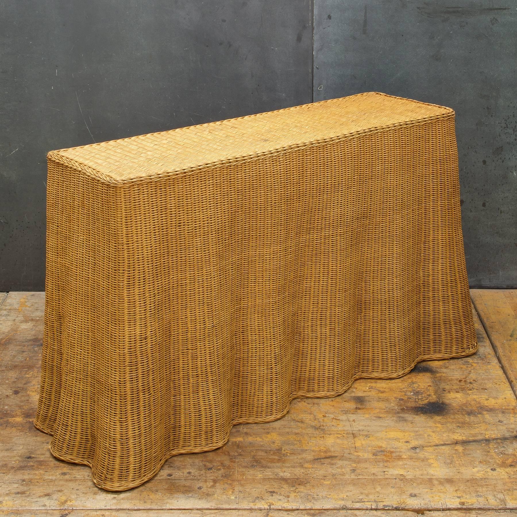American Mid-Century Craft Trompe L'oeil Rattan Wicker Draped Ghost Console Sofa Table