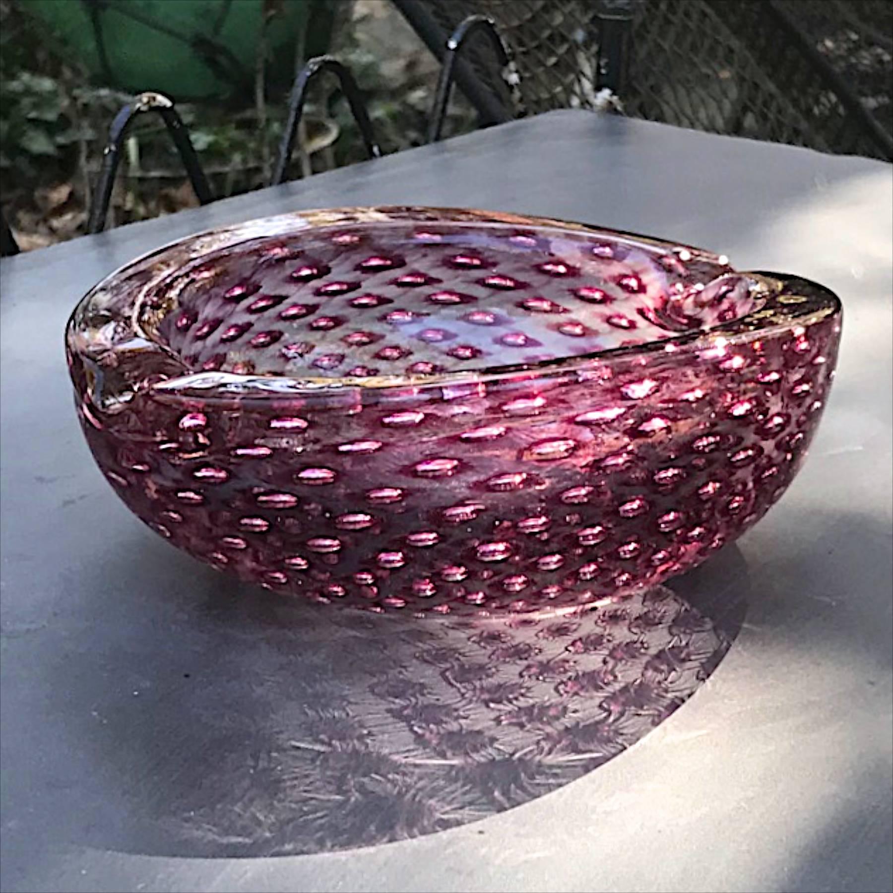 Cranberry Pink Sommerso Controlled Bubble Art Glass Cigar Ashtray Bowl Dish 3