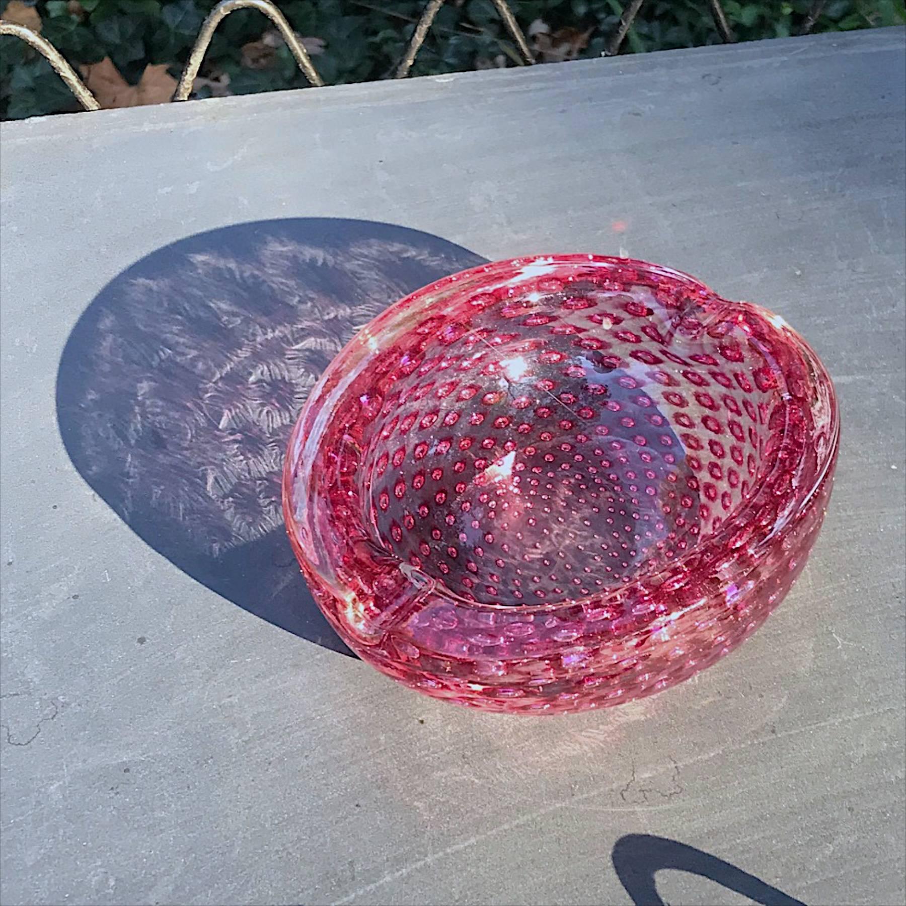 Cranberry Pink Sommerso Controlled Bubble Art Glass Cigar Ashtray Bowl Dish 5