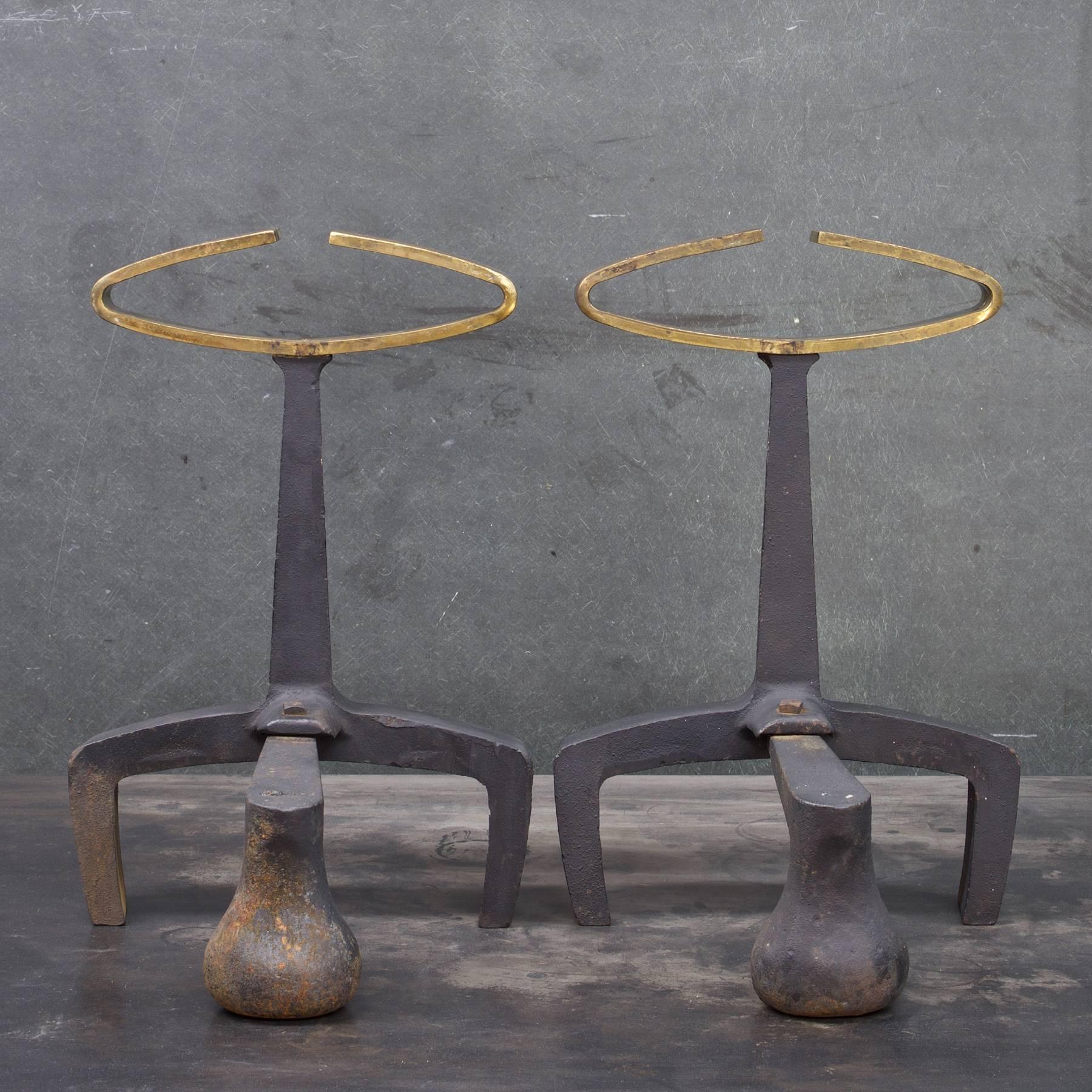 Architects Rustic Cabin Modern Donald Deskey Brass Eye Andirons by Bennett In Good Condition In Hyattsville, MD