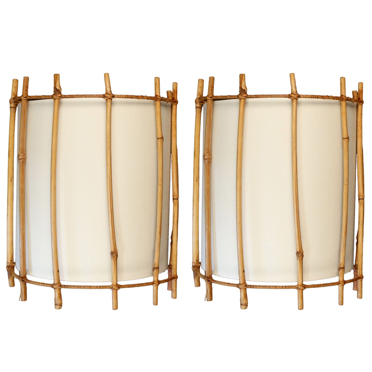 Pair of 1950s Rattan Sconces by Louis Sognot