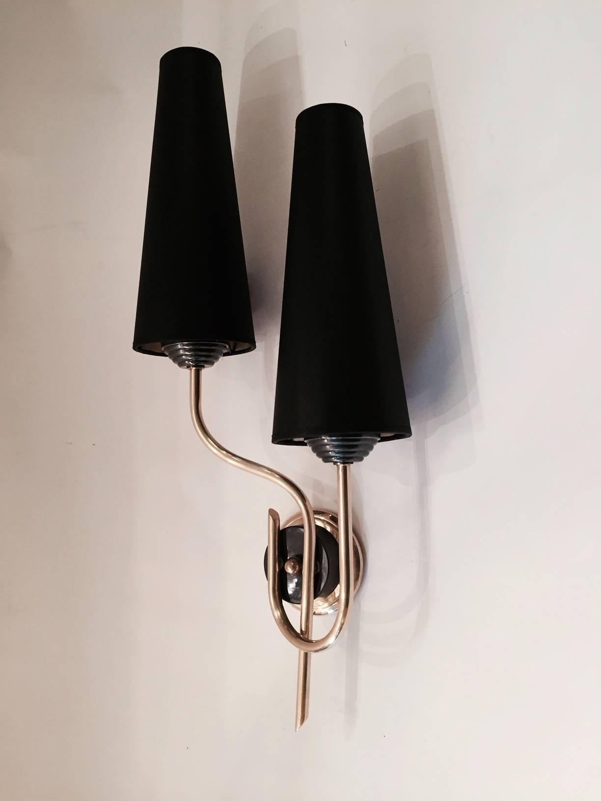 French Pair of Large 1950s Asymmetrical Sconces by Maison Lunel