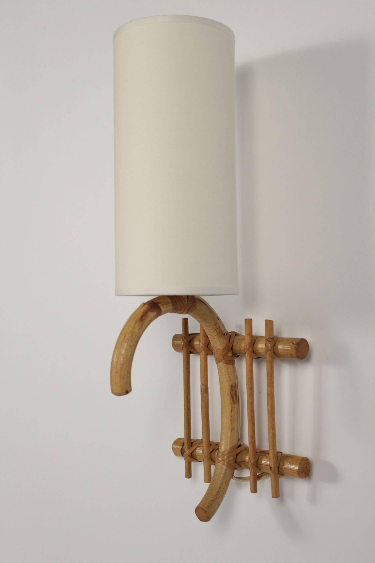 French Set of Three 1950s Bamboo Sconces Attributed to Louis Sognot