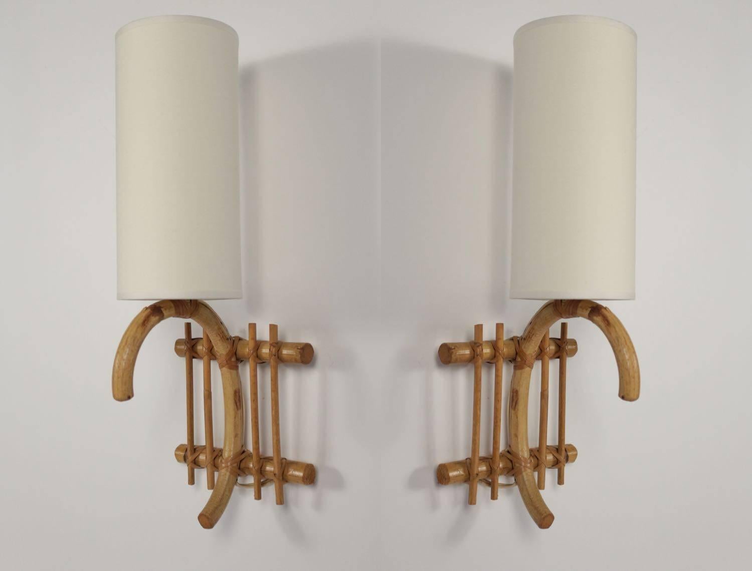Set of Three 1950s Bamboo Sconces Attributed to Louis Sognot 1