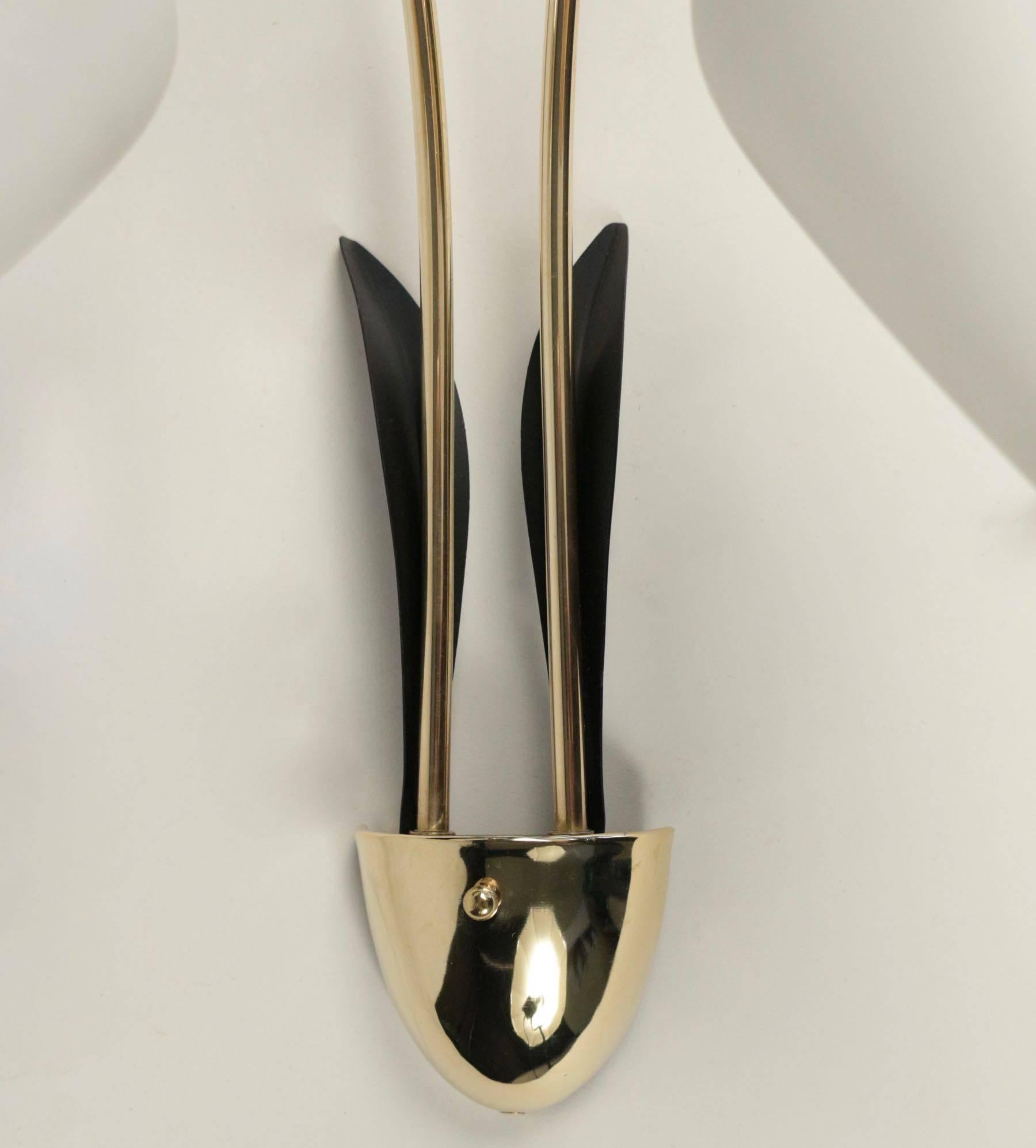 Pair of sconces, flower buds by Maison Lunel, 1950.

Each sconces is composed by two curved brass stem ended by two opaline glass lampshades in shape of flower buds. Two black lacquered leaves.
Two bulbs per sconce.