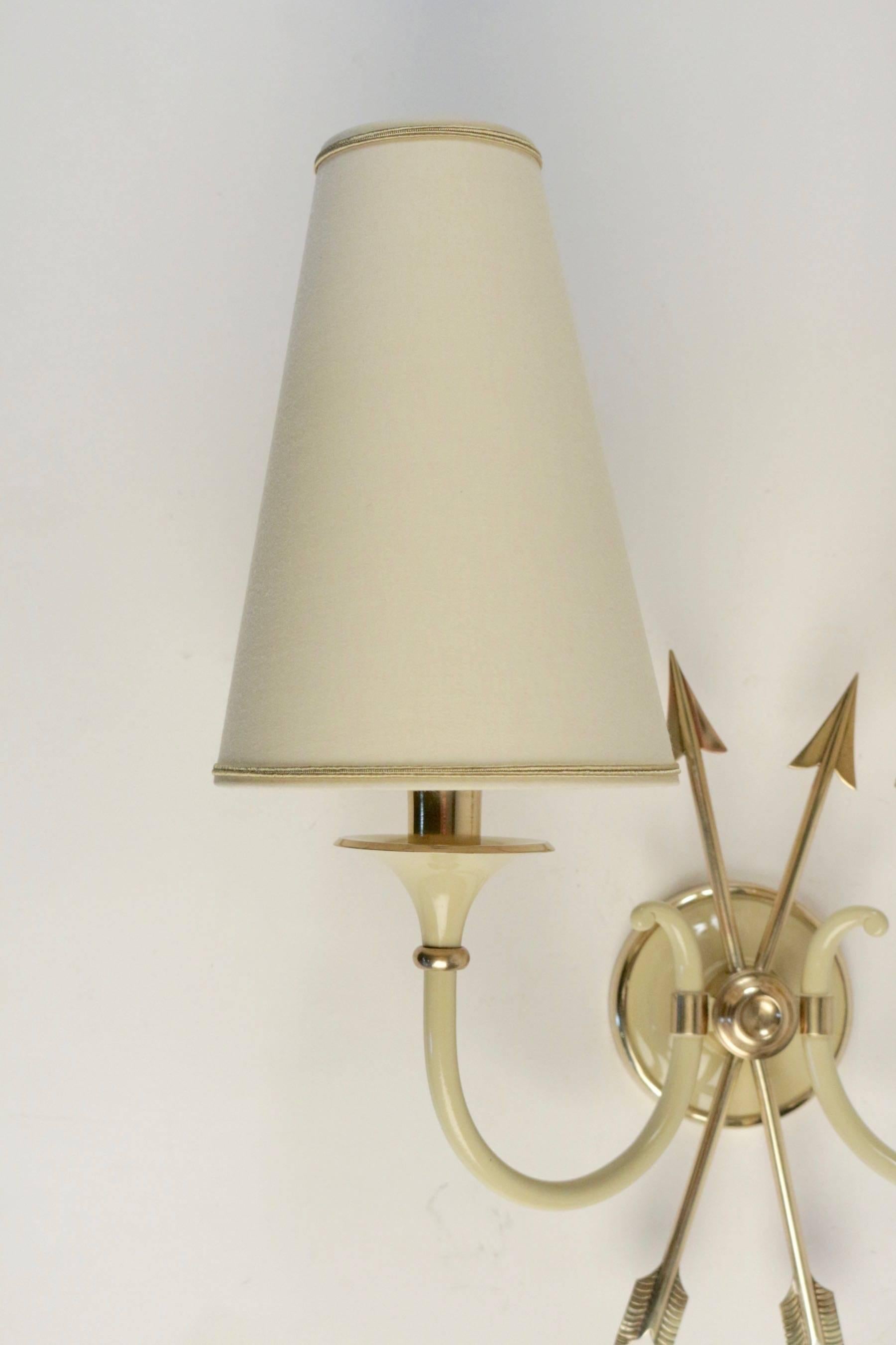 French Pair of Neoclassical Sconces with Two Crossed Arrows by Maison Lunel, 1950