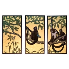 3 pannelli decorativi firmati intitolati “Scimmiette curiose sui rami”