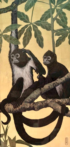 3 signed decorative panels titled “Curious Monkeys on Branches”