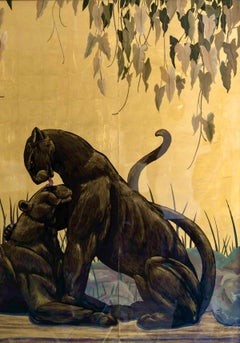 Large Decorative panel “Family of Panthers at Rest" signed