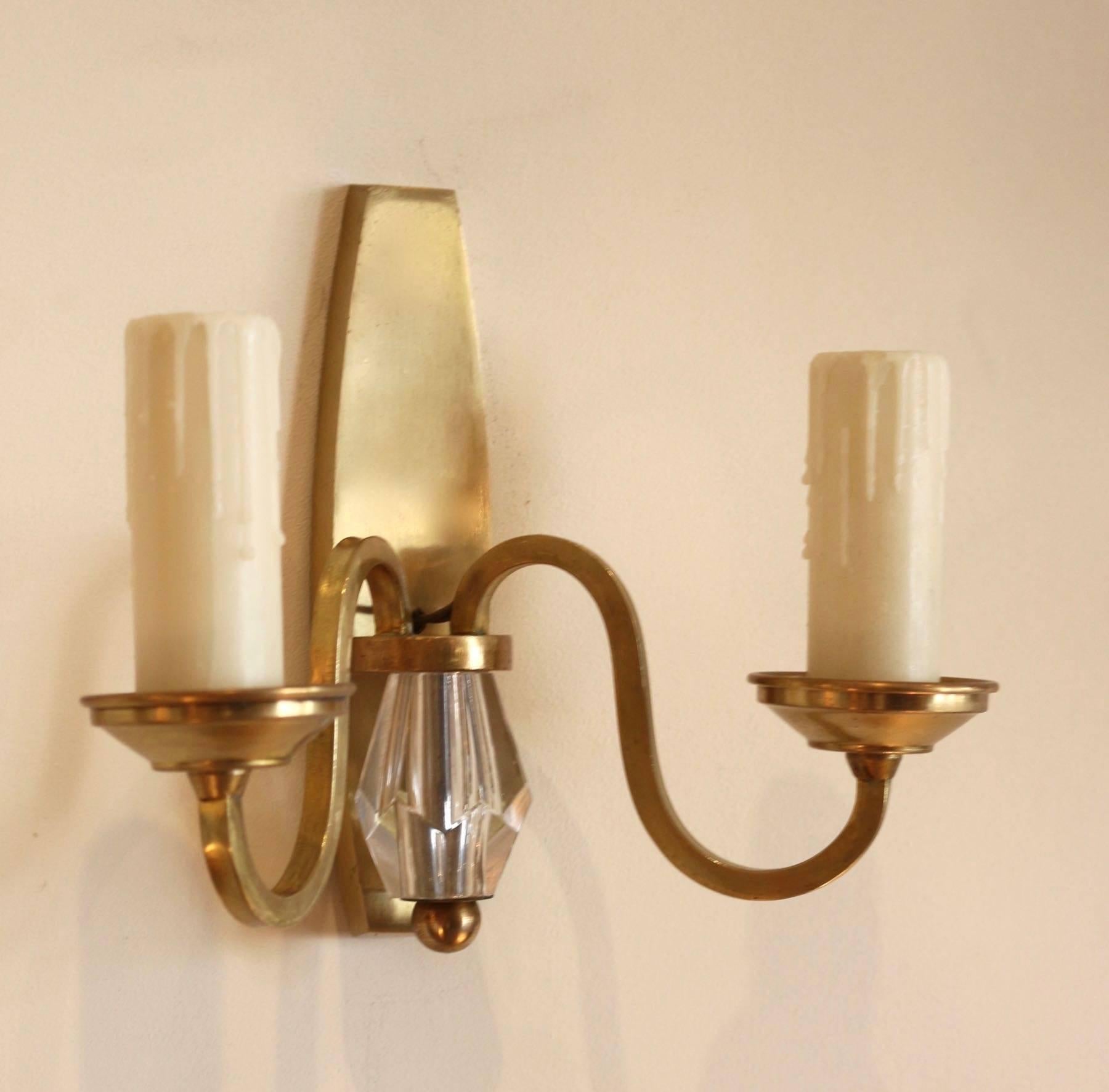 French 1940s Bronze Pair of Sconces Attributed to Jules Leleu