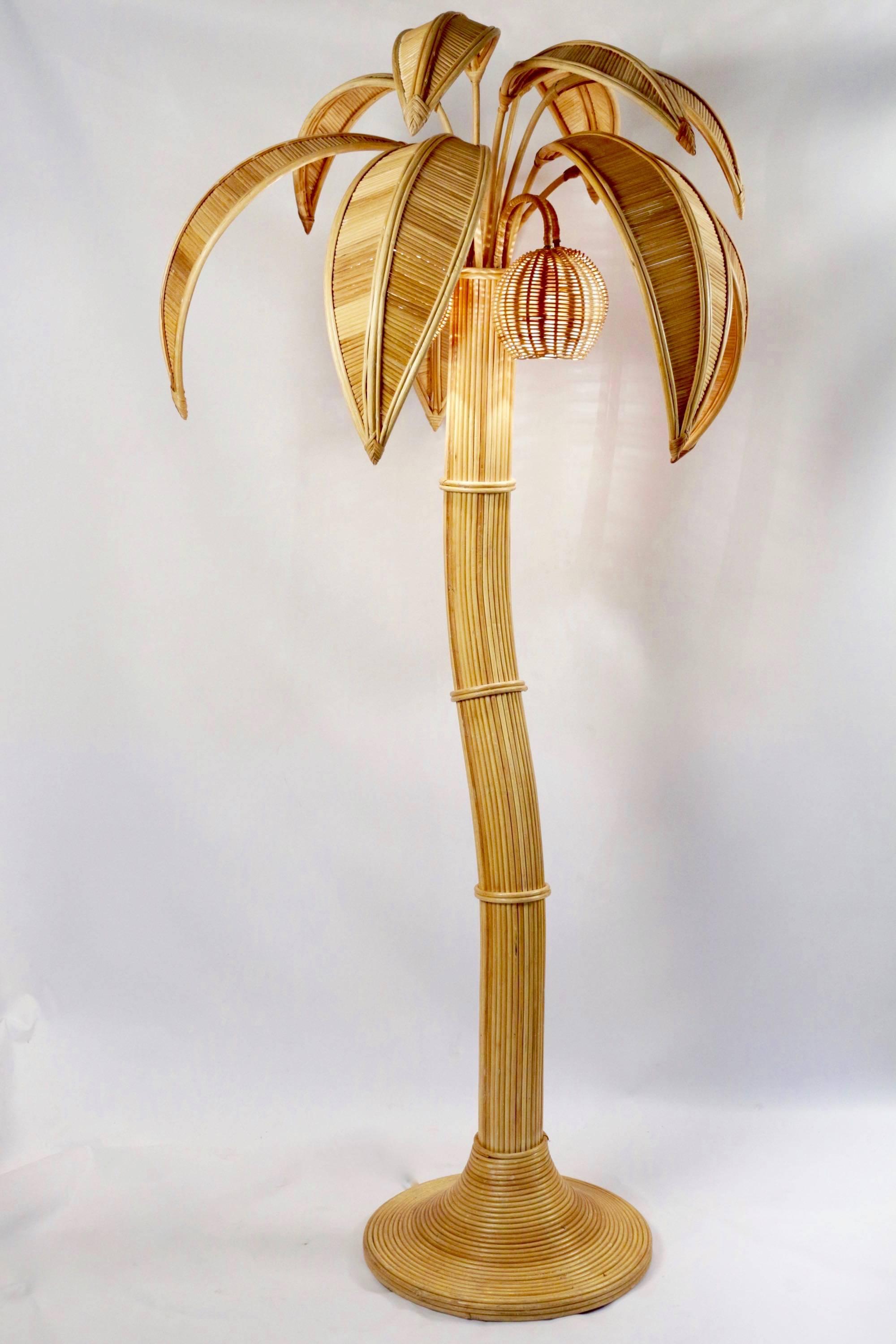 French 1970s Large Rattan Coconut Tree Floor Lamp