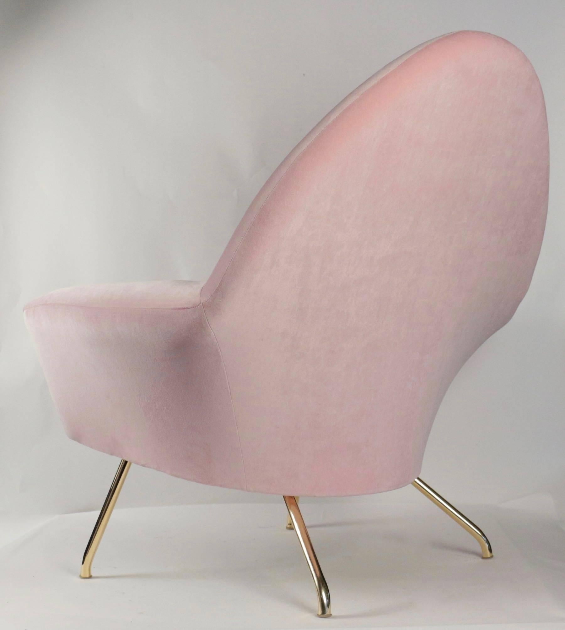 1950s Pair of Armchair, Model 770 by Joseph Andre Motte, Pink Velvet and Brass 3