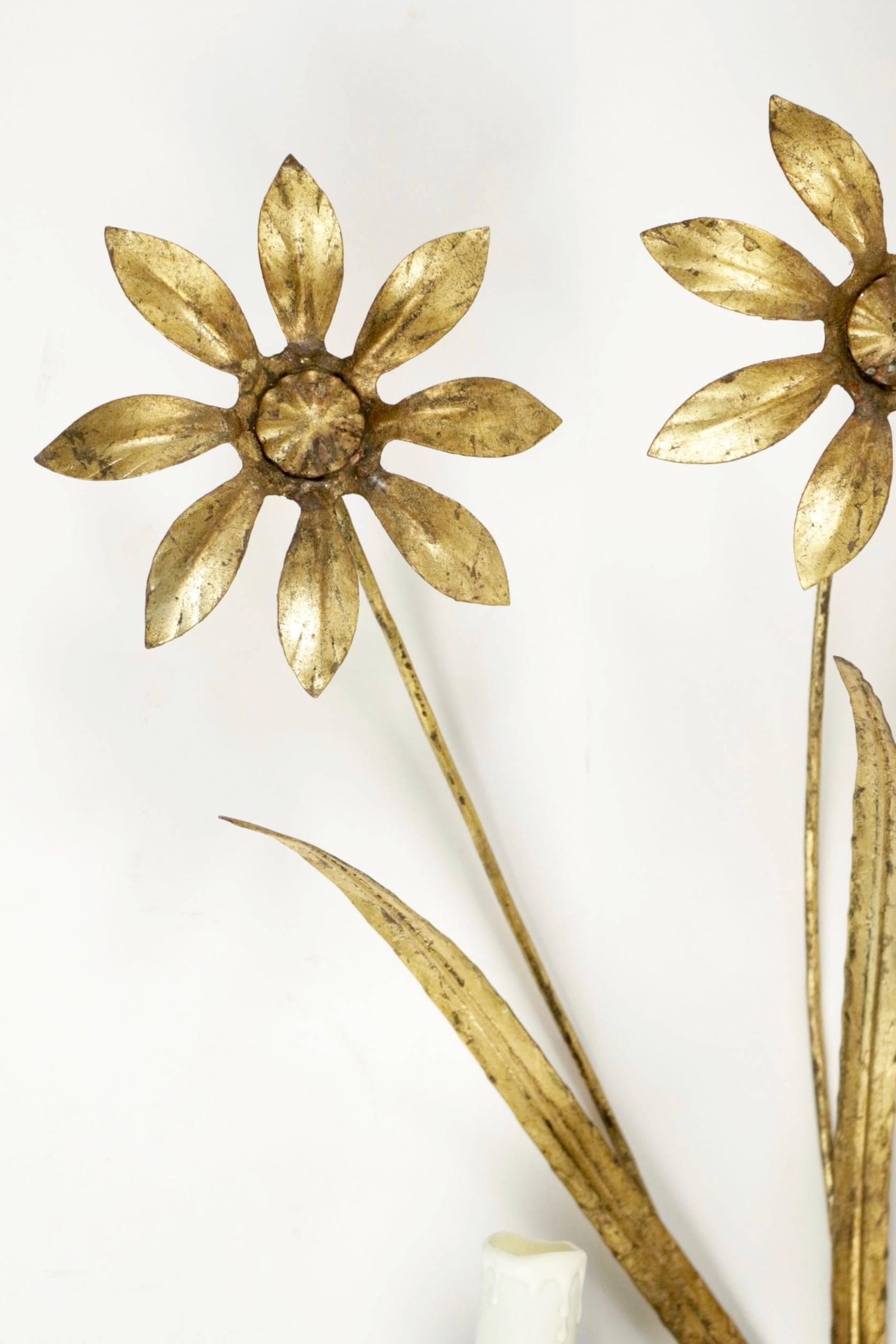 1960s large floral pair of sconces Maison FlorArt made of gilded wrought iron.

Each sconce is composed by four daisy flowers and leaves, ended by three bulbs sockets.

Three bulbs per sconce.
 