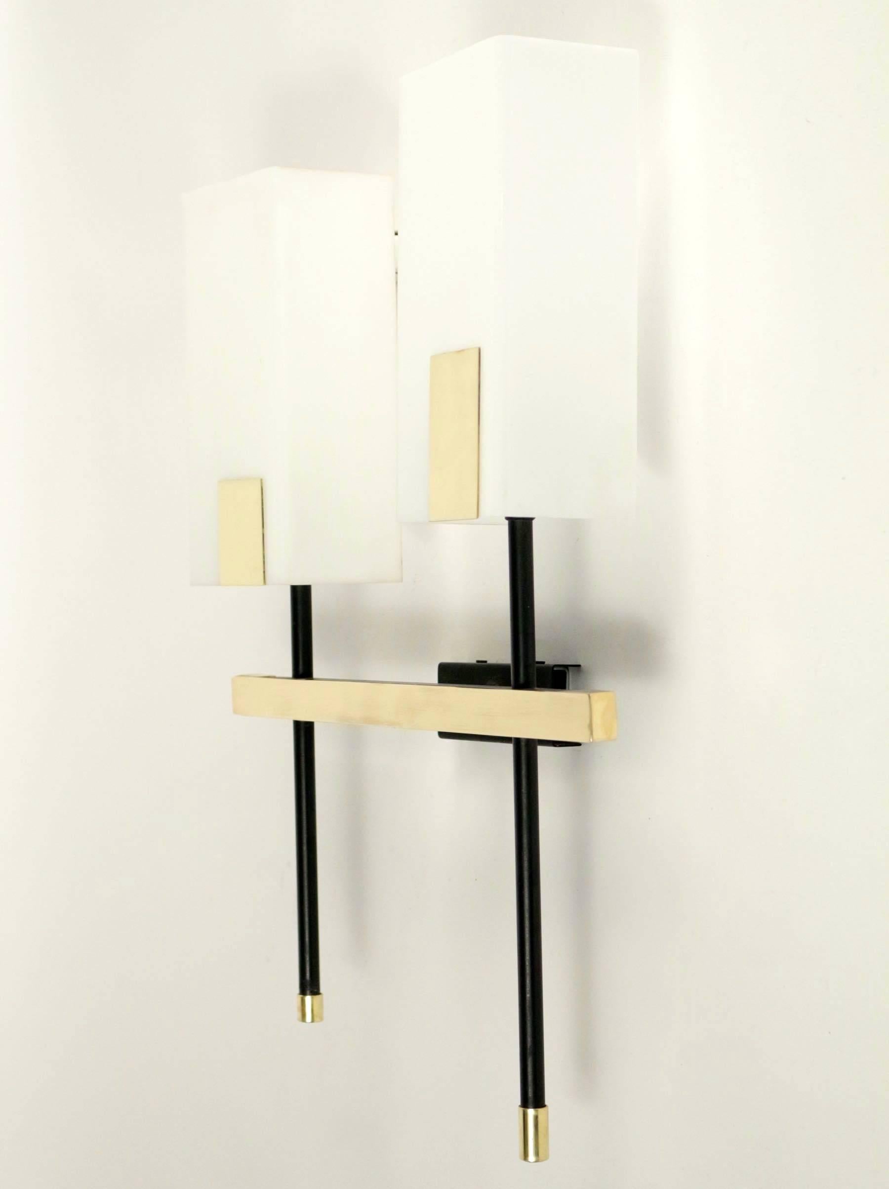 Brass Pair of 1950s Asymmetrical Sconces by Maison Arlus