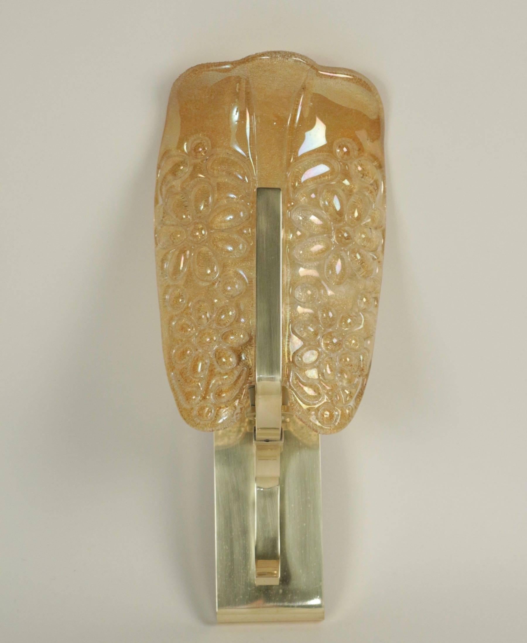 Mid-20th Century 1960s Maison Honoré Iridescent Glass and Brass Pair of Sconces