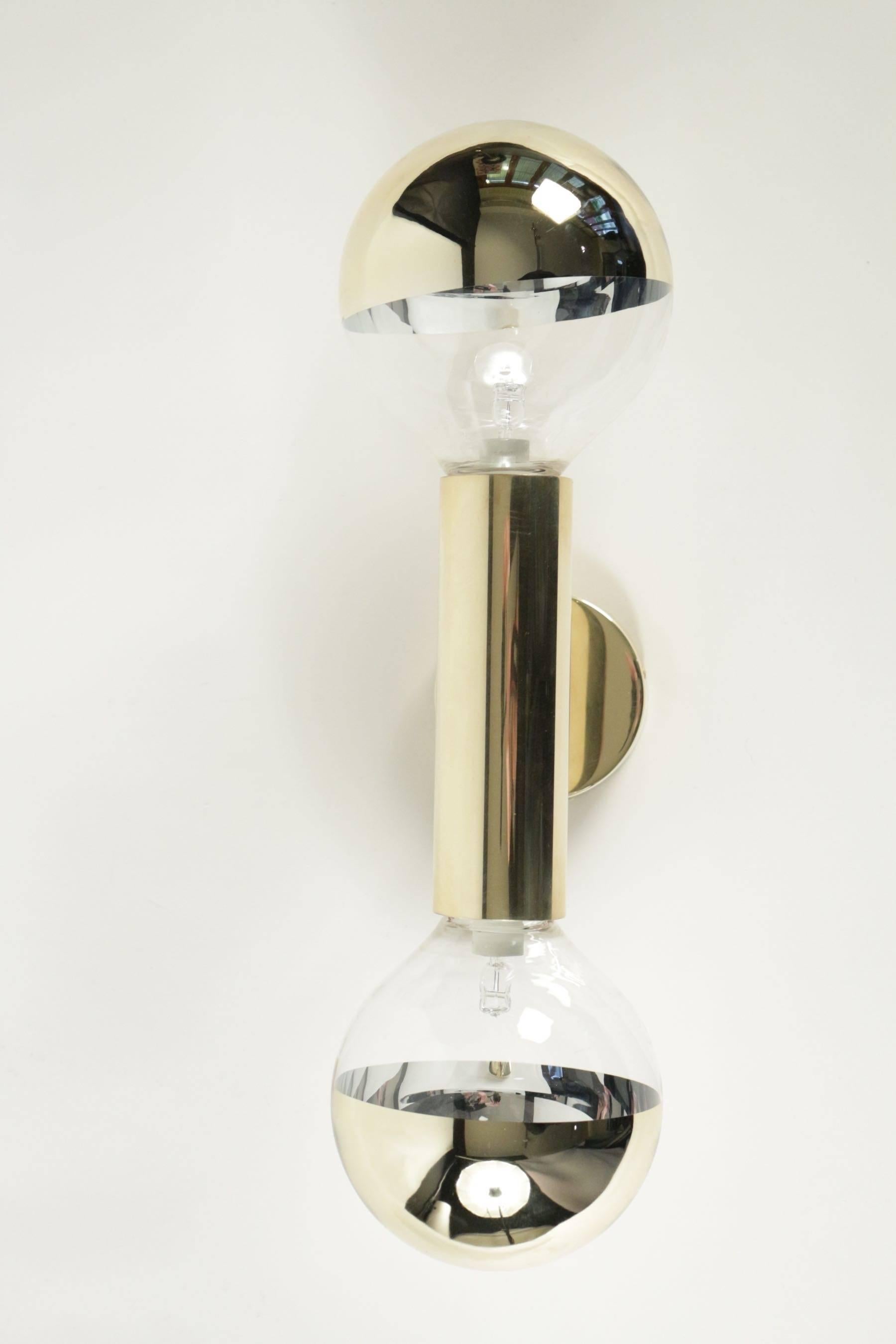 1960s Large Pair of Double Brass Sconces Attributed to Hans Agne Jakobsson.

Each sconce is composed by two large bulbs mounted on brass structure.

