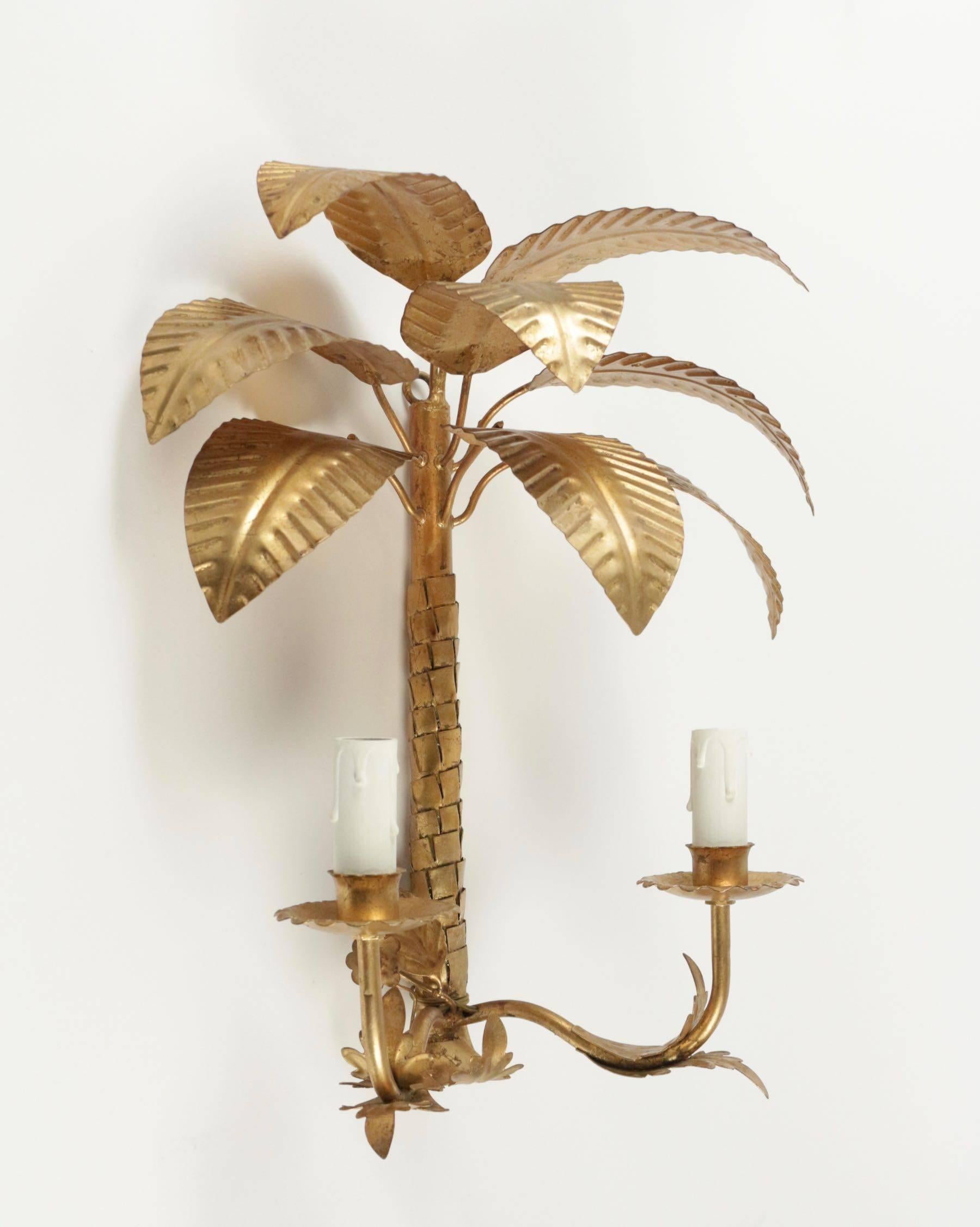 Gilt Metal 1960s Set of Three Palm Leaves Sconces Maison FlorArt