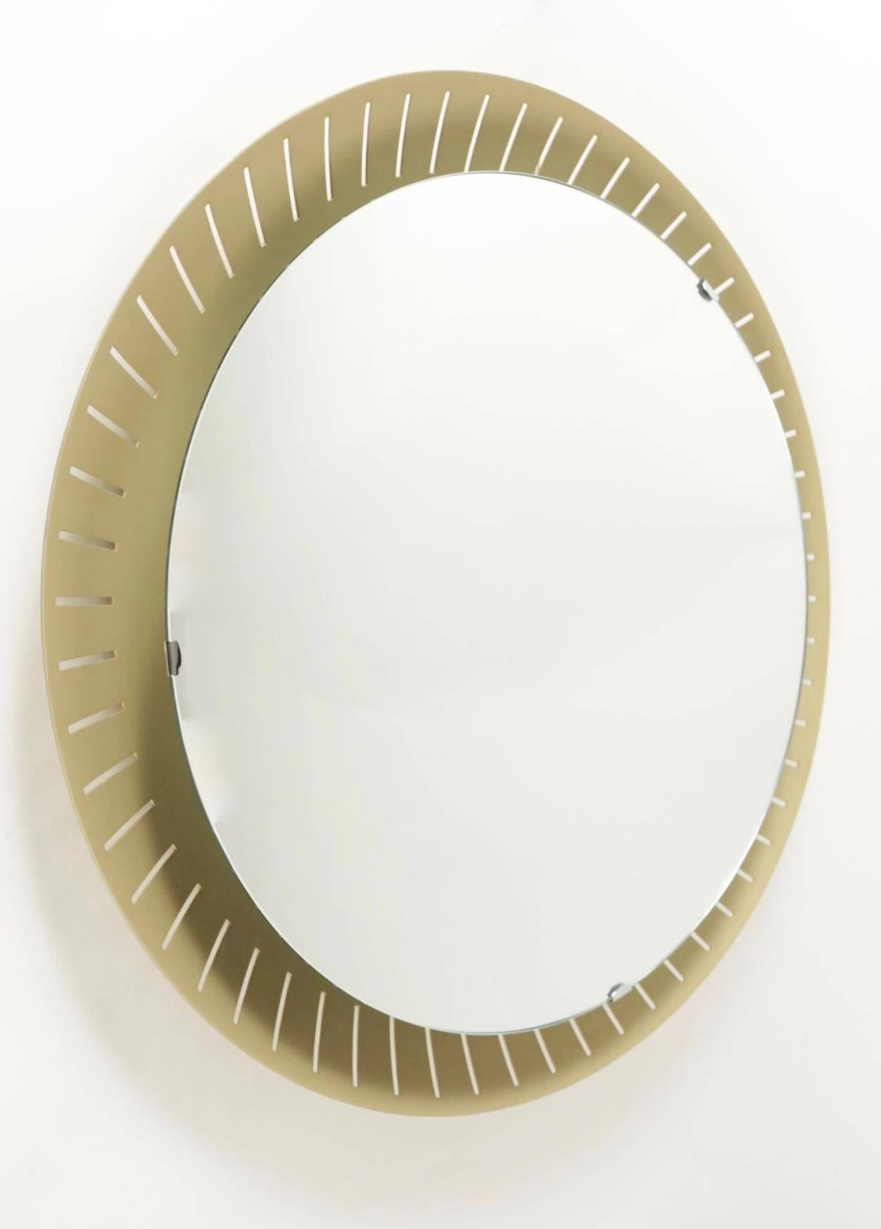 French 1960s Pair of Large Round Back-Lit Mirror, Gilded Metal Frame