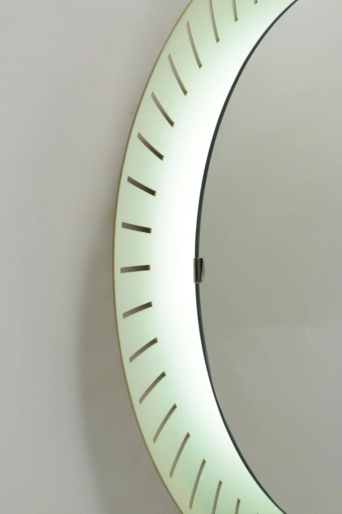 Mid-Century Modern 1960s Pair of Large Round Back-Lit Mirror, Gilded Metal Frame