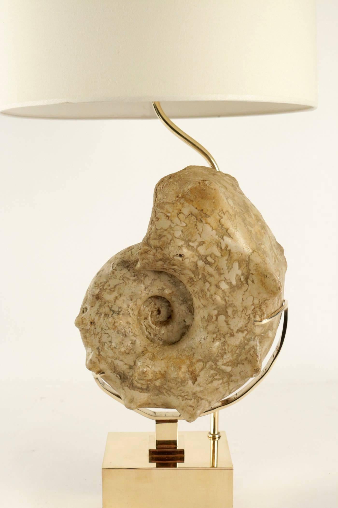 1970s, Willy Daro brass and ammonite lamp.

The lamp base is made of brass with a fossilized ammonite.
cotton lampshade.
2 bulbs.
  