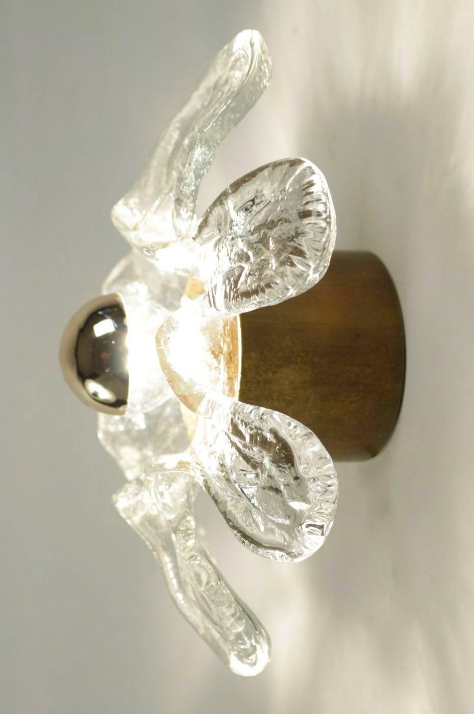 1960s set of four Murano glass flowers and brass sconces.

Each sconce consists of a Murano glass flower with seven petals with a bulb at his centre.
The back plate is made of brass cylinder.

One bulb per sconce.