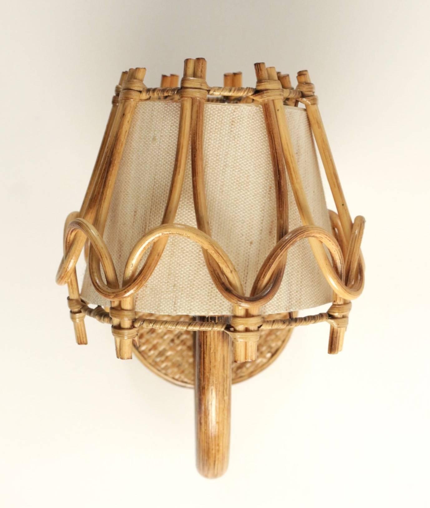 Mid-20th Century 1950 Pair of Rattan Sconces Attributed to Louis Sognot