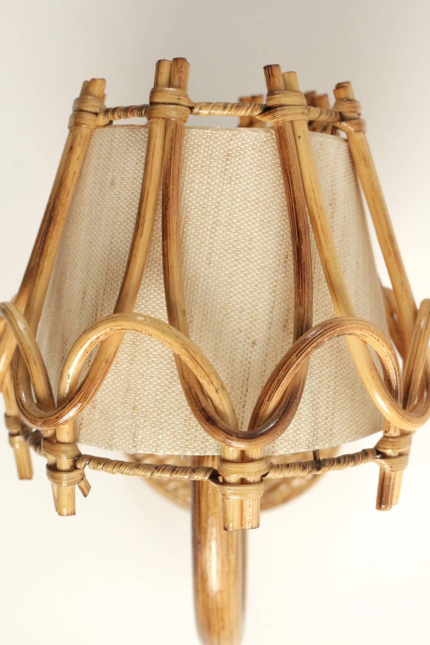 French 1950 Pair of Rattan Sconces Attributed to Louis Sognot