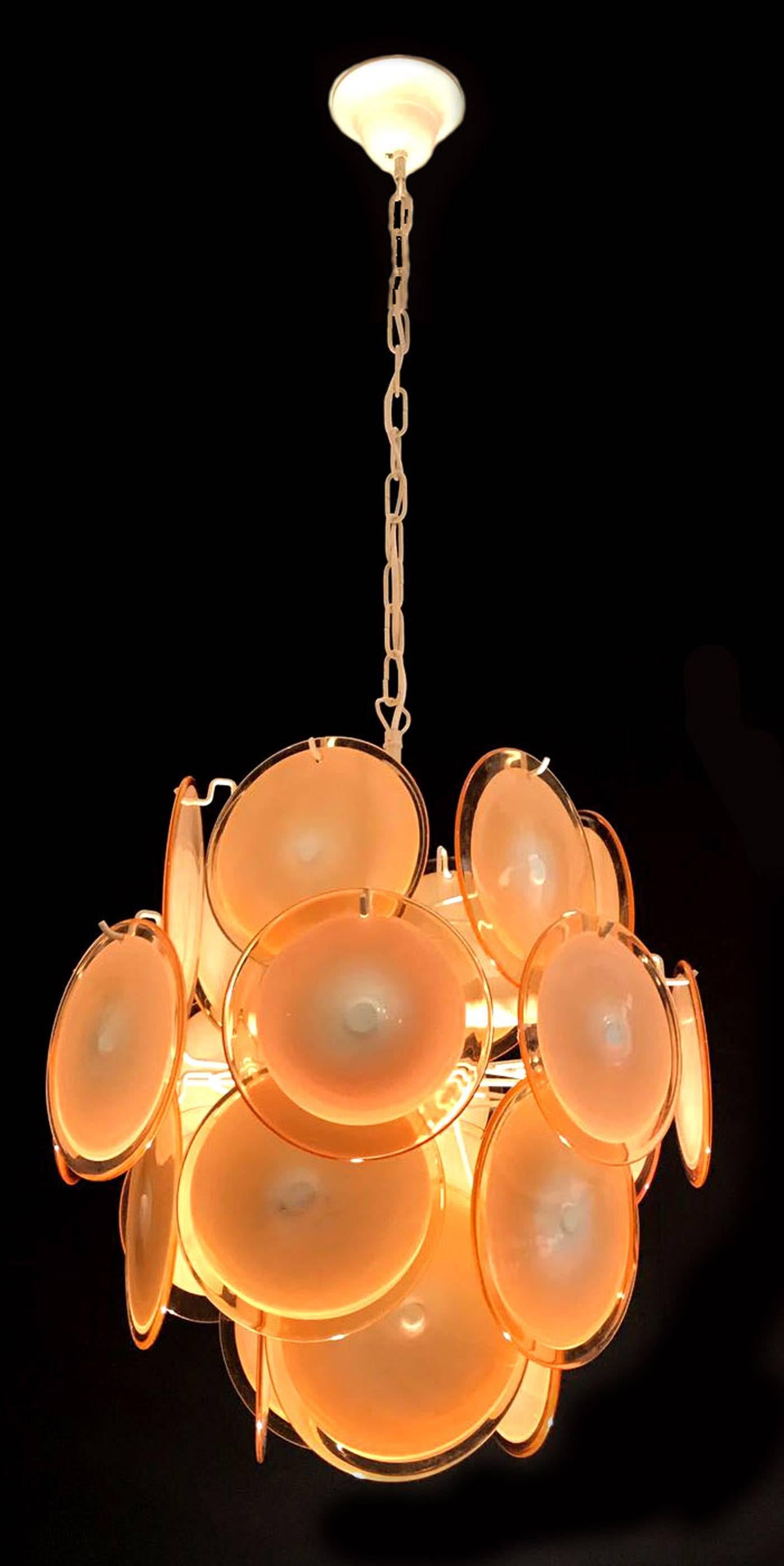 Pair of Vistosi Midcentury Amber Murano Glass Discs Italian Chandeliers, 1970s In Excellent Condition For Sale In Rome, IT