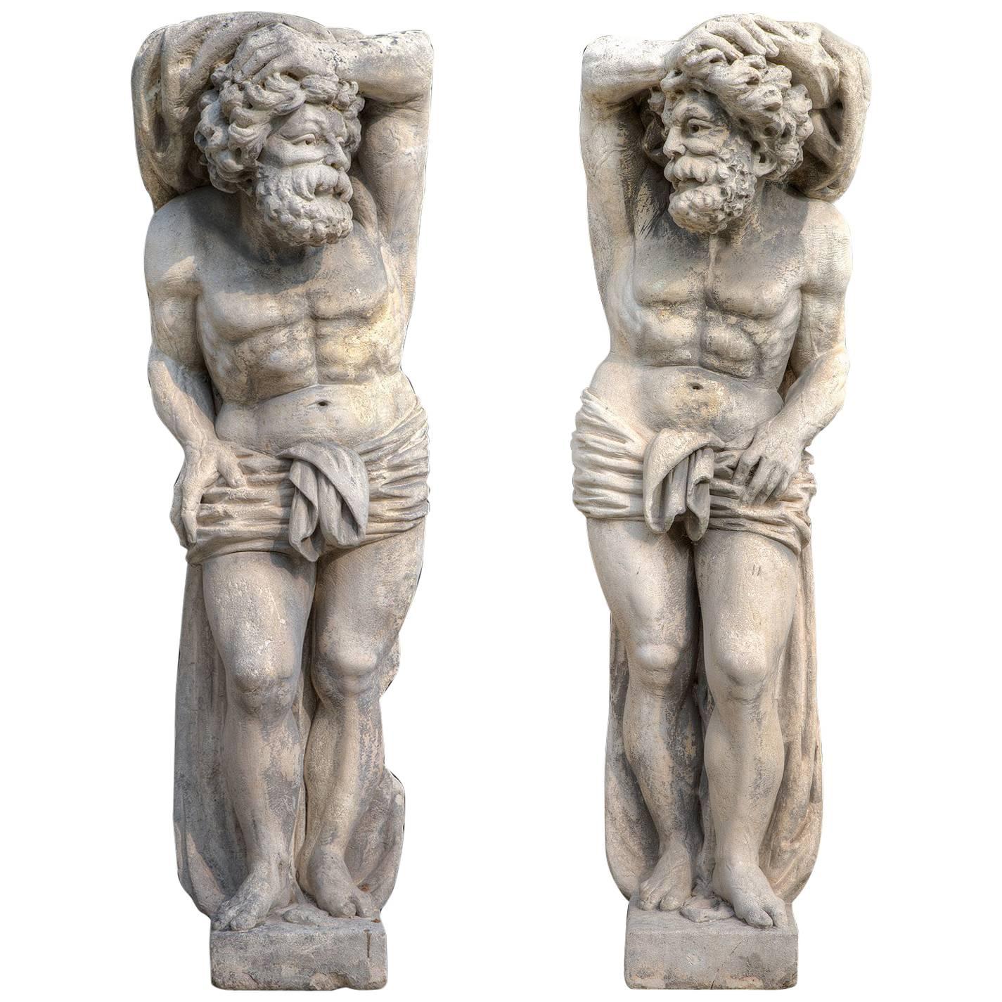 Pair of Italian 17th Century Stone Sculptures of Telamons