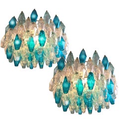 Pair of Murano Glass Poliedri Colored Chandelier in the Style of Carlo Scarpa