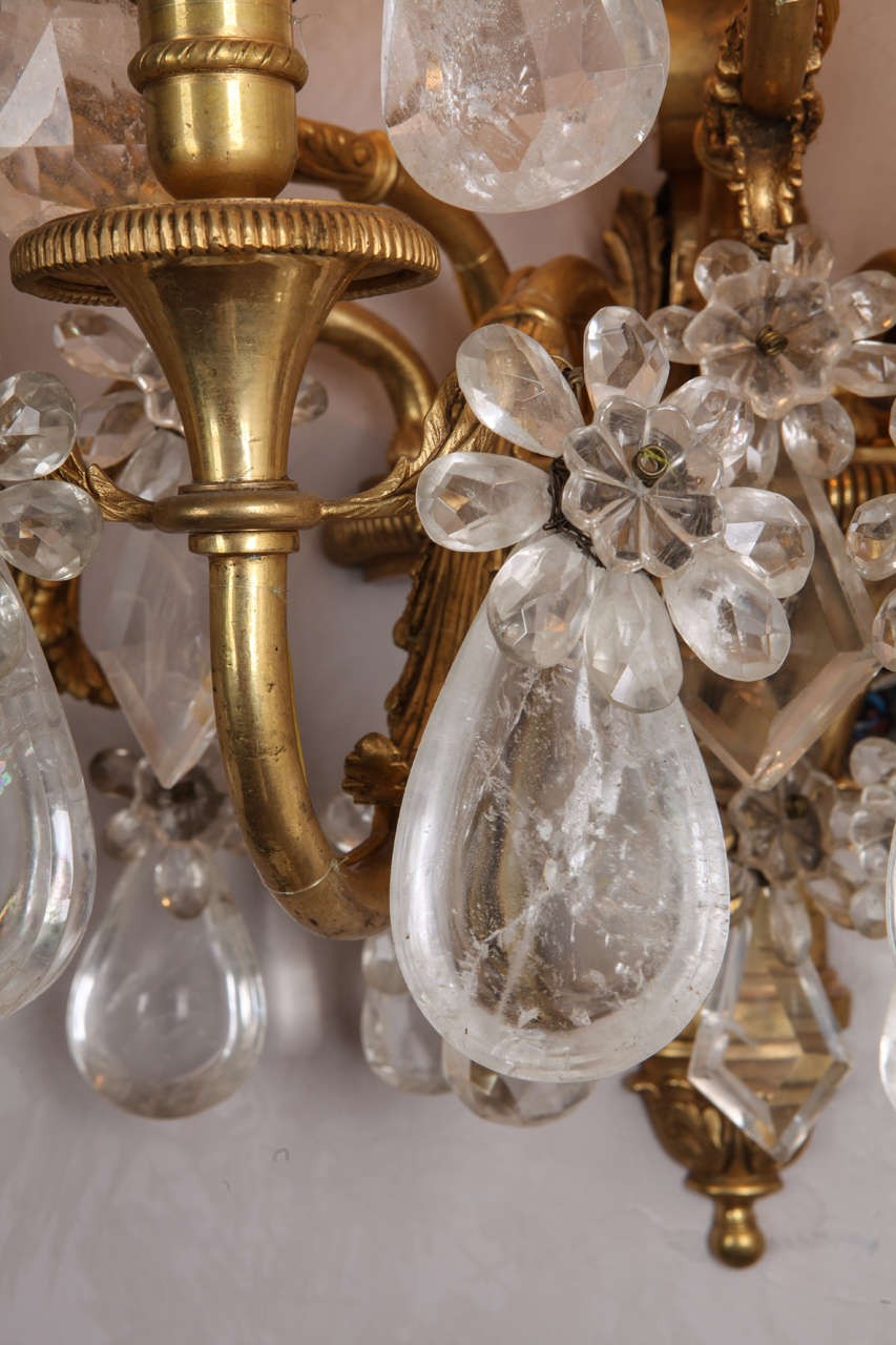 Pair of French Gilt Bronze and Rock Crystal Wall Lights or Sconces Neoclassical For Sale 8
