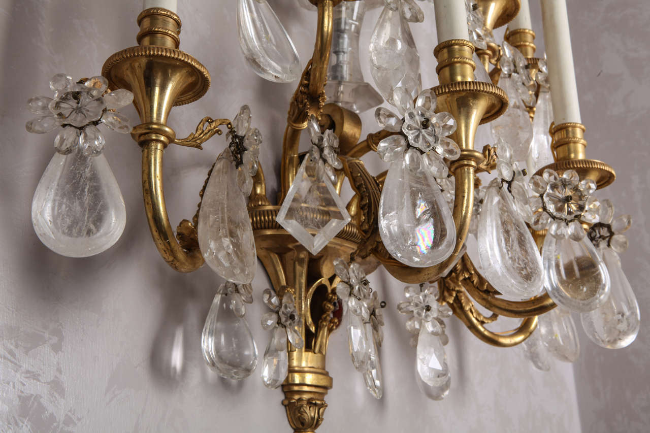 Pair of French Gilt Bronze and Rock Crystal Wall Lights or Sconces Neoclassical For Sale 12