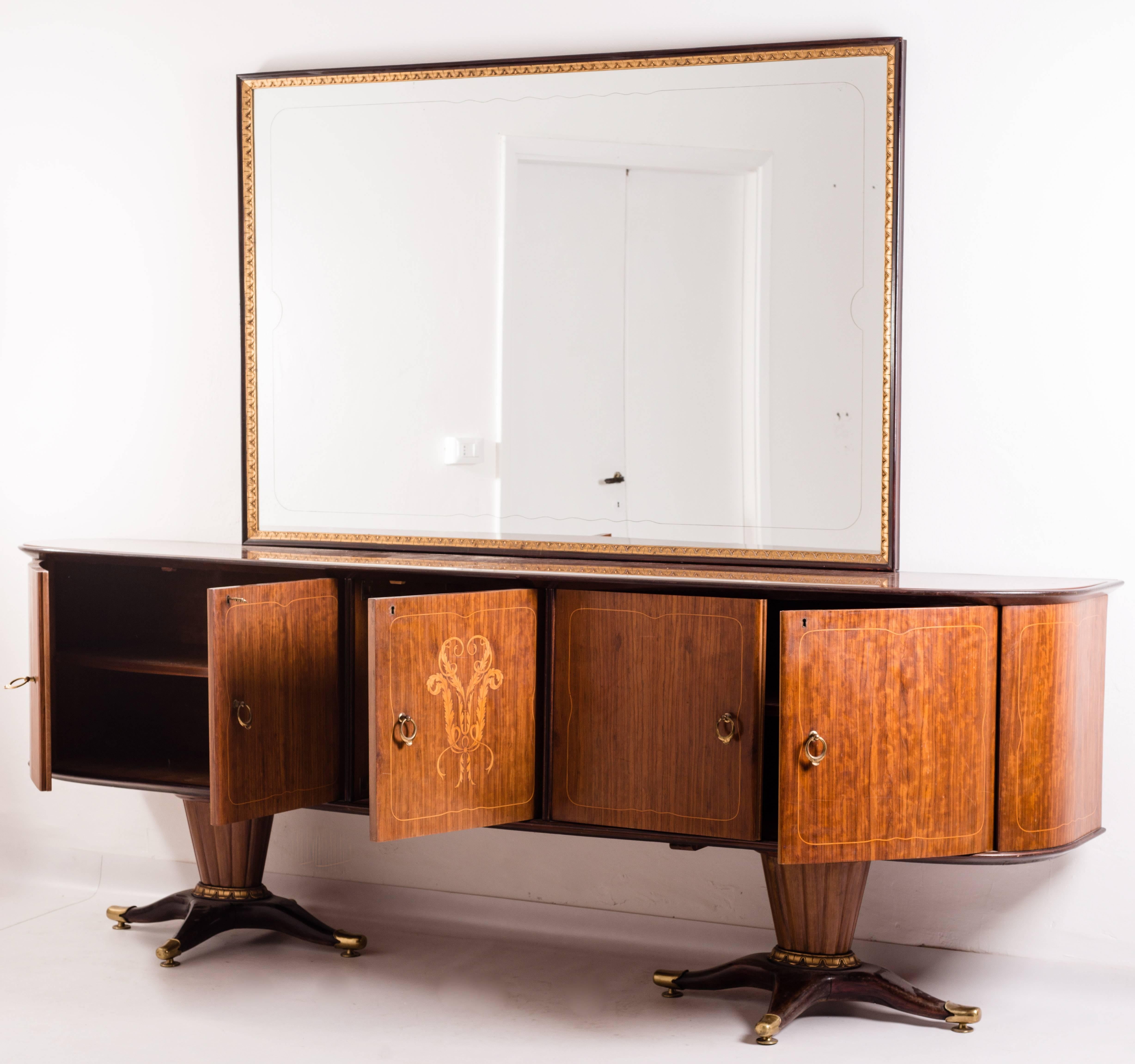 Wood Italian Midcentury Sideboard with Mirror Attributed Paolo Buffa, 1950s For Sale