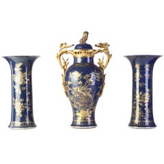 Set of Three 18th Century Chinese Powder Blue Gilt-Decorated Vases