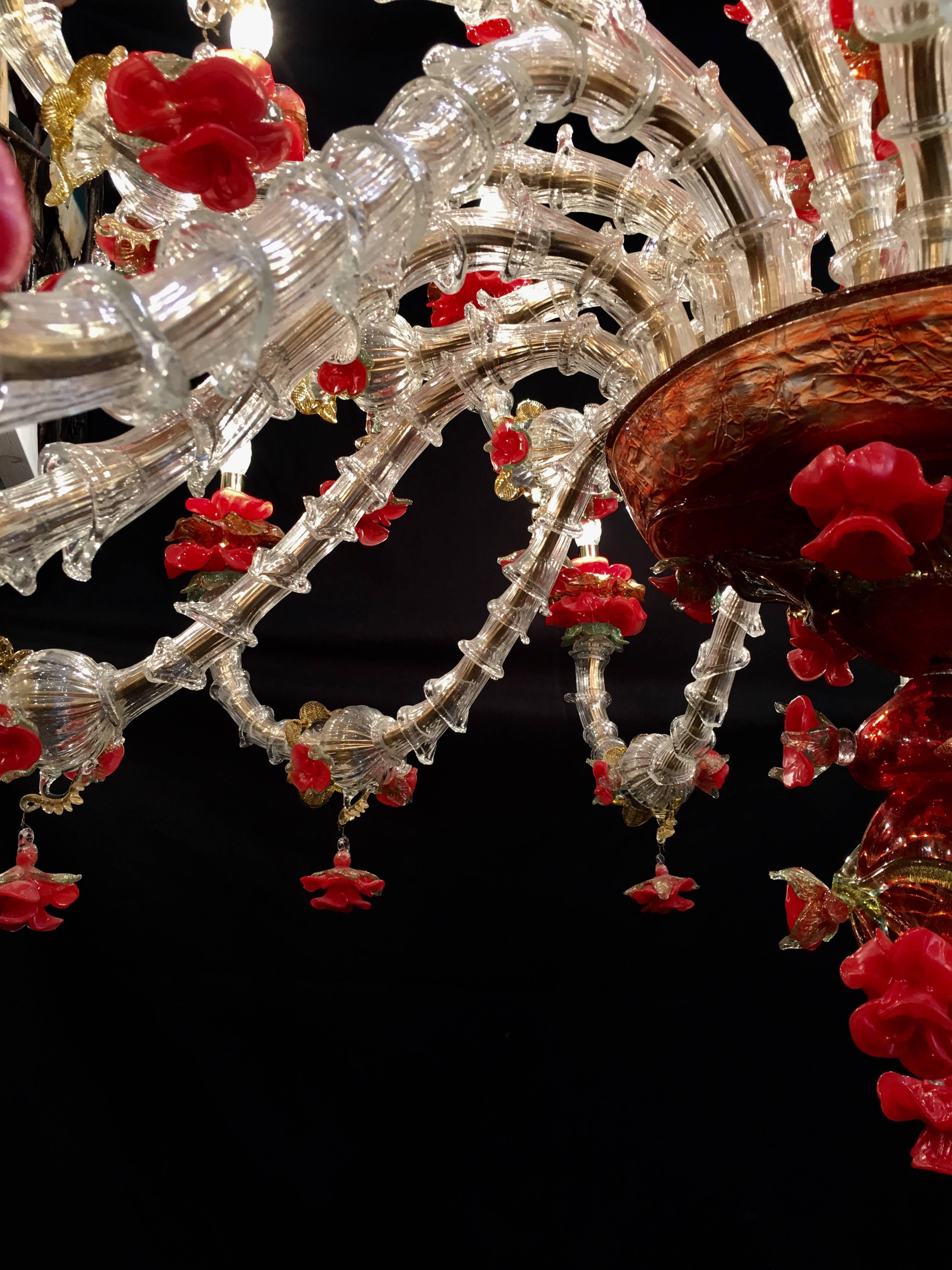 Italian Sumptuous Murano Glass Chandelier Red and Gold, 1980s