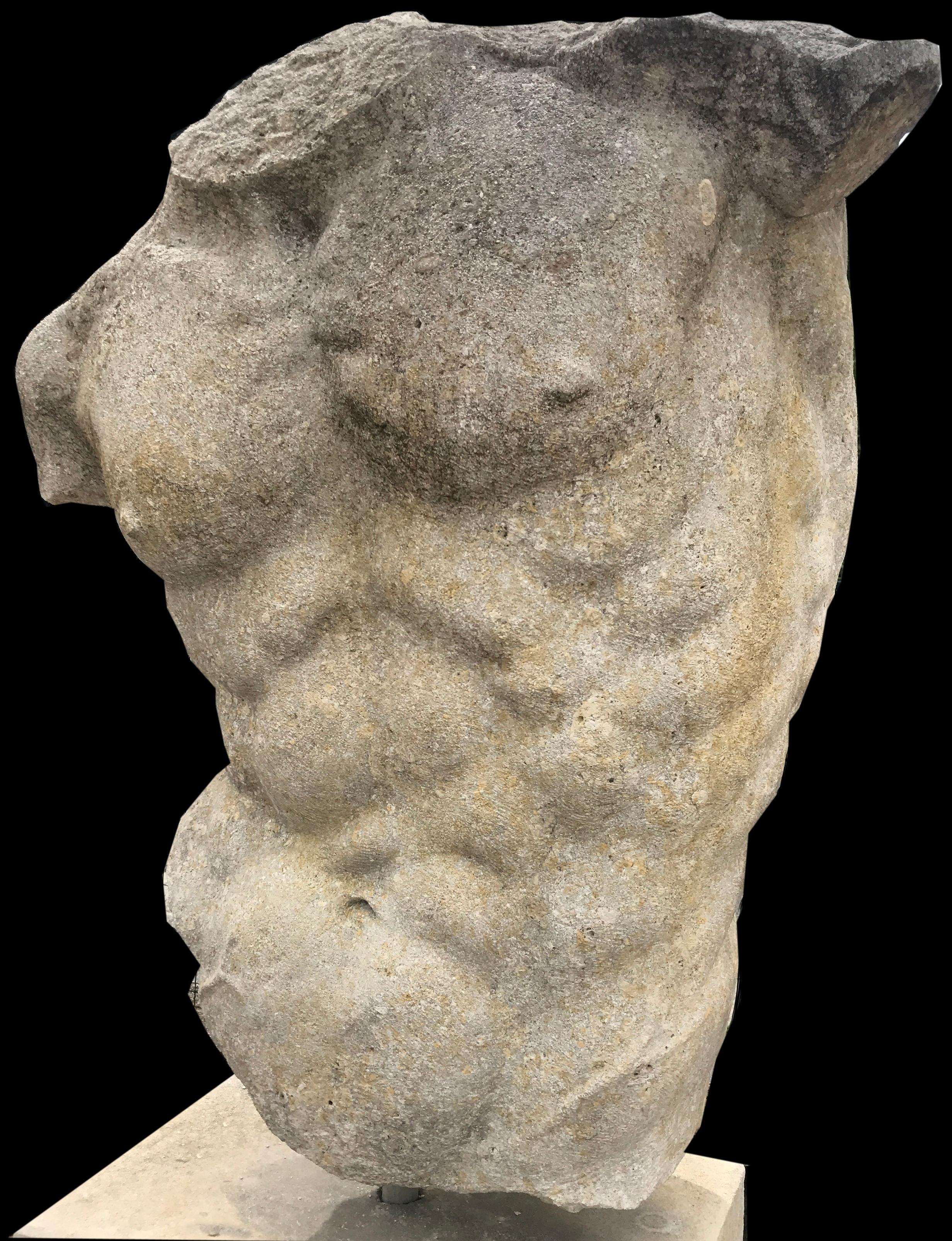 Hand-Carved Italian Stone Sculpture of Classical Torso with Base