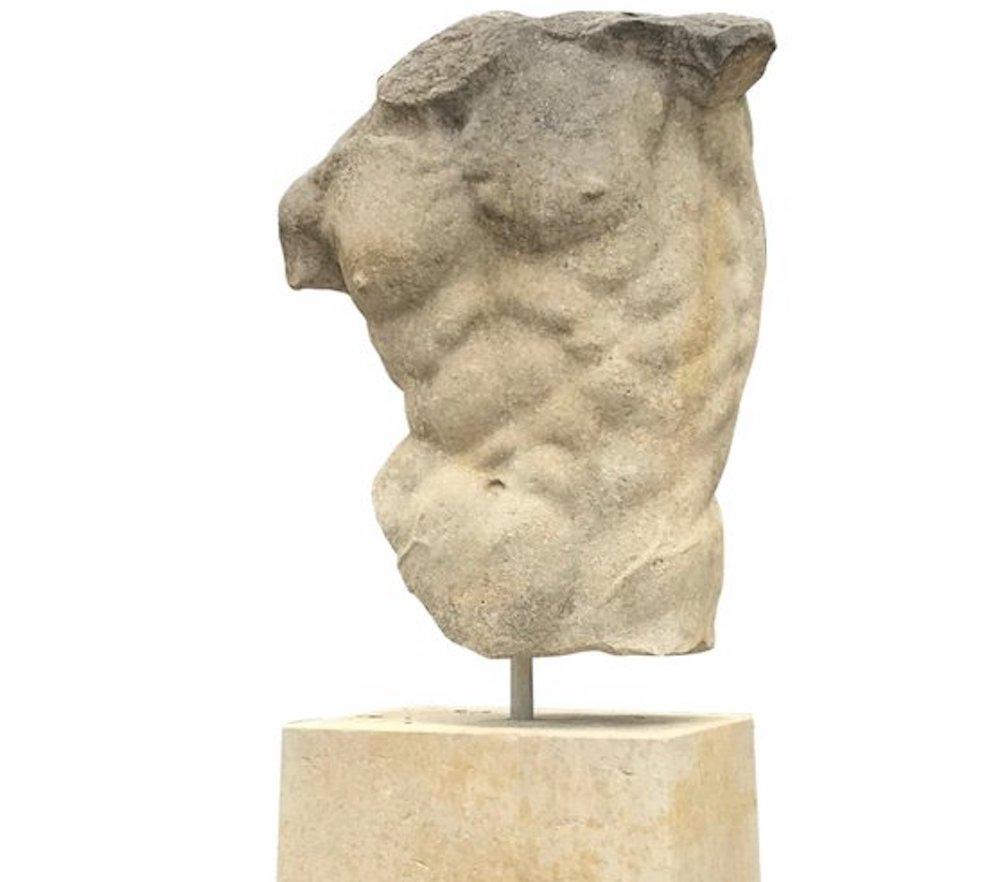 Italian Stone Sculpture of Classical Torso with Base In Excellent Condition In Rome, IT