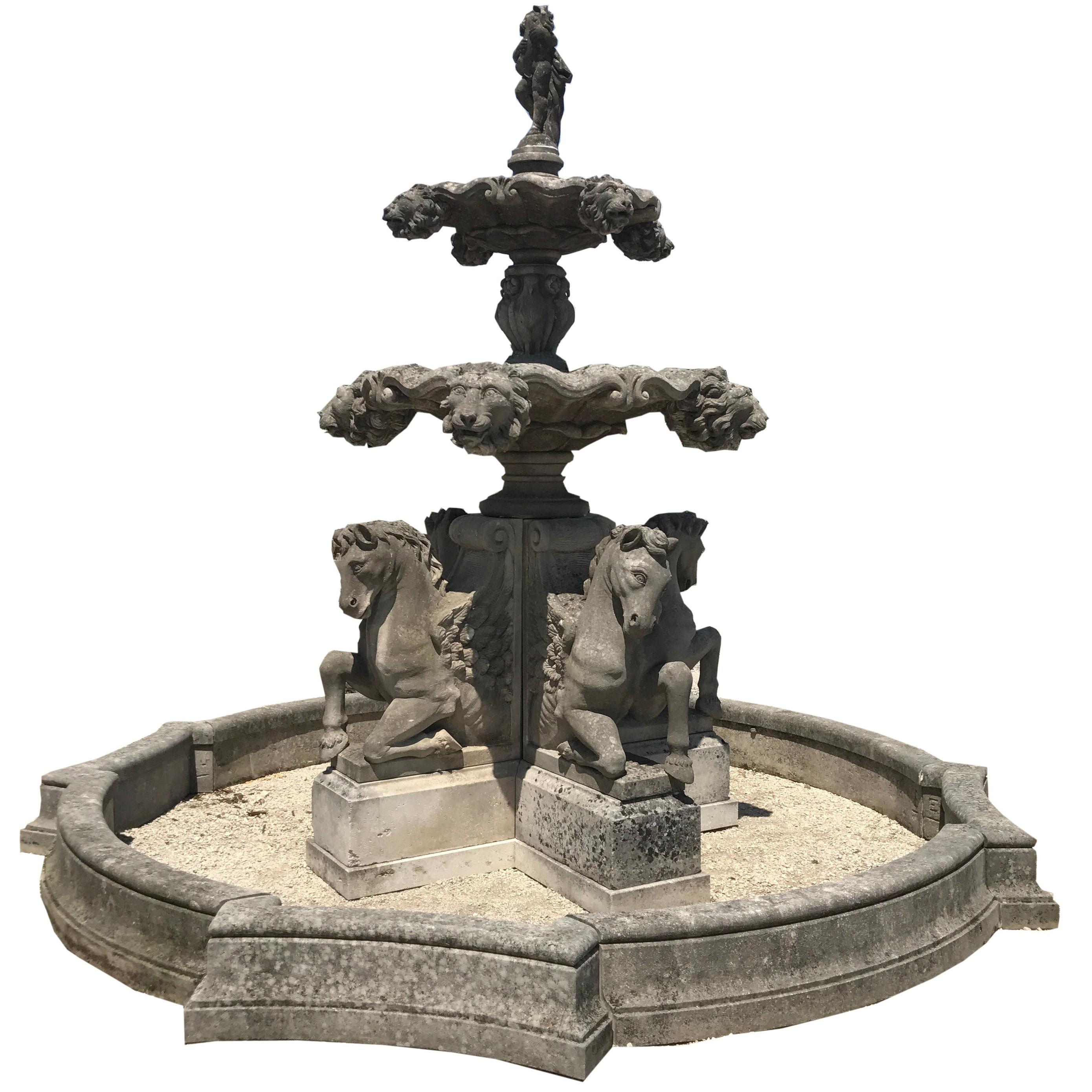 Italian Hand Carved Stone Tiered Water Fountain For Sale